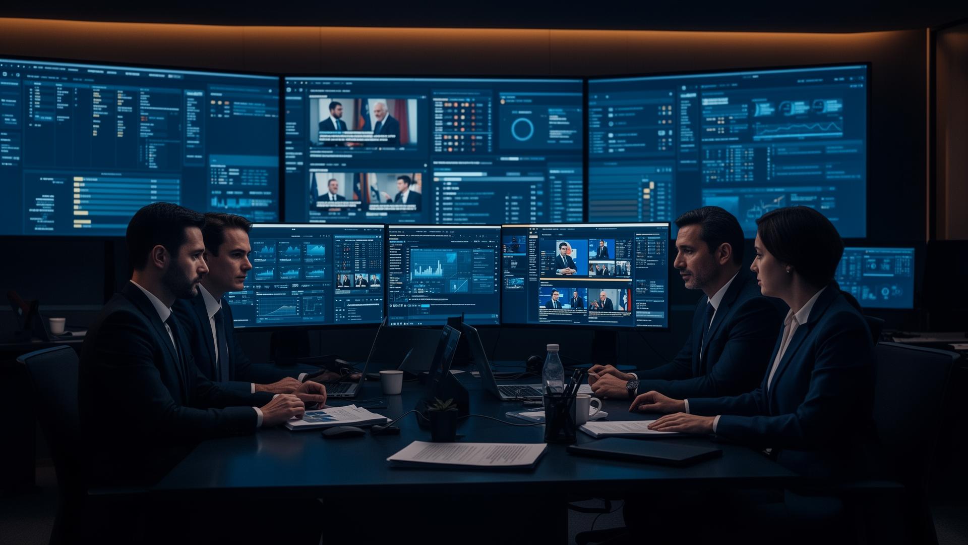 Equipe de comunicação analisando pauta e repercussão em ambiente profissional
